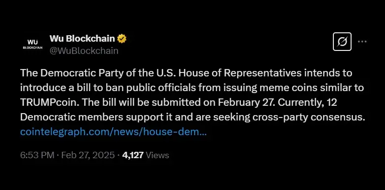 Wu Blockchain citing introduction of MEME Act by Democrats