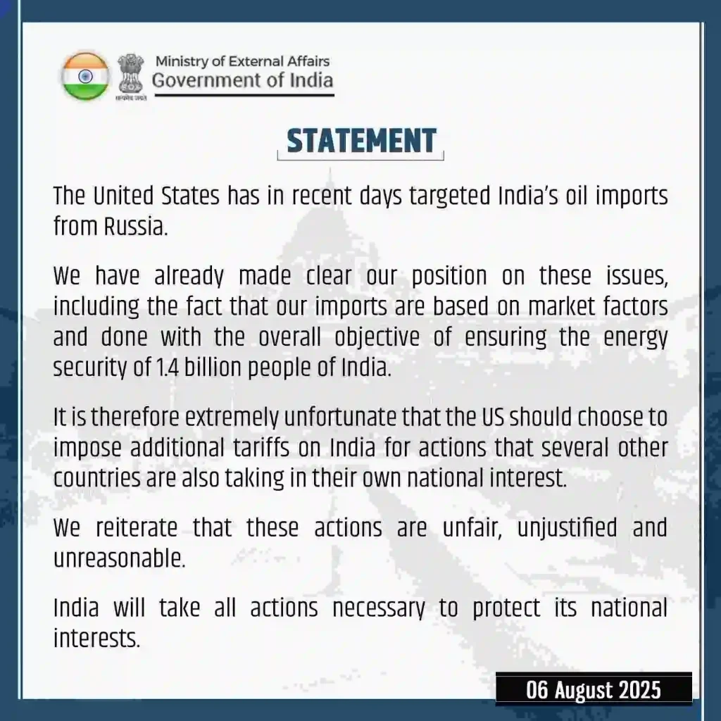 India’s Ministry of External Affairs' Official Statement in response to Trump’s additional tariffs