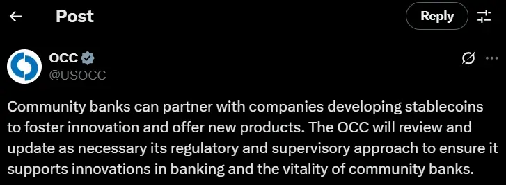 OCC Greenlights Bank-Stablecoin Deals as Ripple’s RLUSD takes Lead (Source: X)