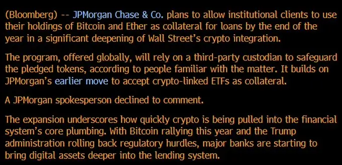 JPMorgan Open Doors for BTC and ETH Loan Collateral (Source: X)