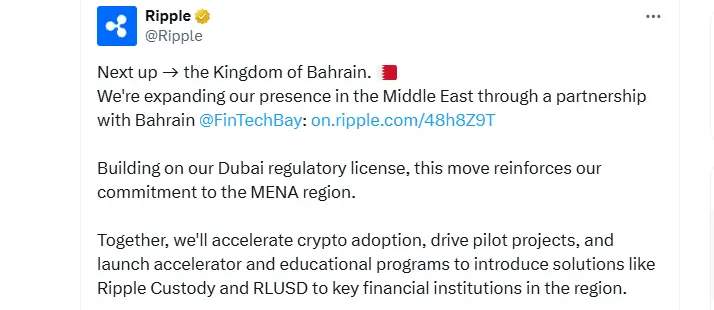 Ripple Patners with Bahrain Fintech Bay to Boost RLUSD Utility (Source: X) 