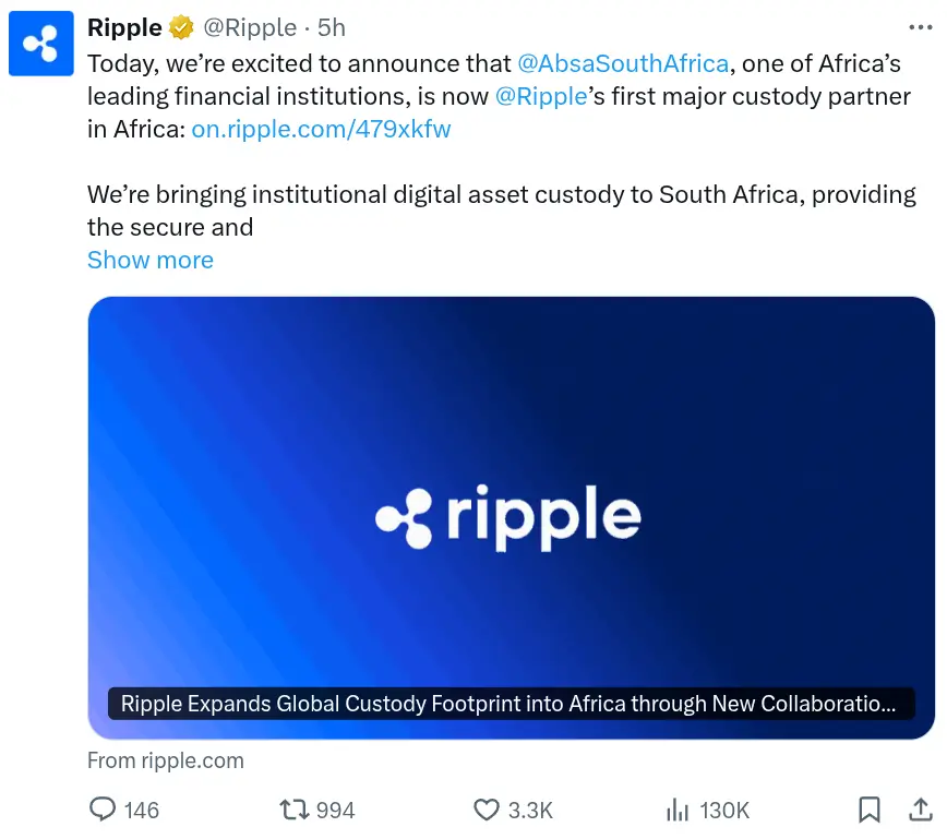 Ripple Joins Hands With Absa Bank to Expand Global Custody Footprint in Africa (Source: X)