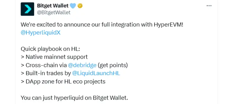Bitget Announces Full Integration With HyperEVM (Source: X)