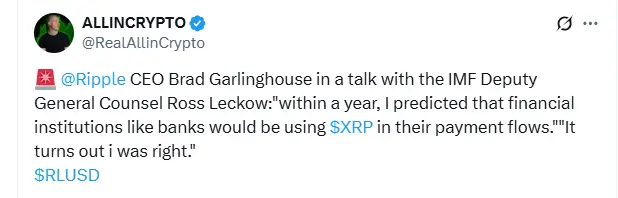 Brad Garlinghouse XRP Prediction (Source: X)
