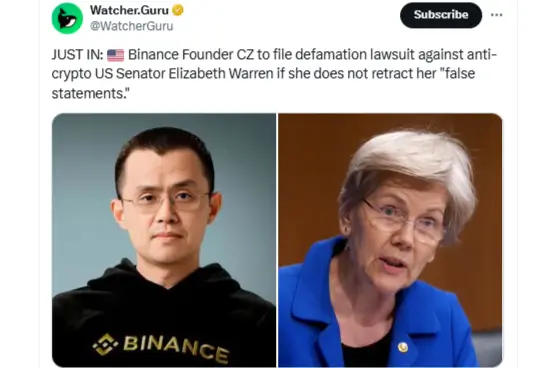 Binance’s CZ to File Defamation Lawsuit Against Senator Warren (Source: X)
