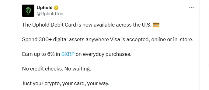 Uphold Relaunches XRP Debit Card in U.S. (Source: X)