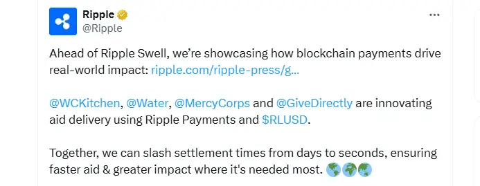 Ripple USD to Boost Global Aid Relief (Source: X)