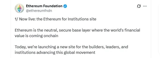 Ethereum Launches the Ethereum for Institutions Site Ethereum Launches the Ethereum for Institutions Site (Source: X)
