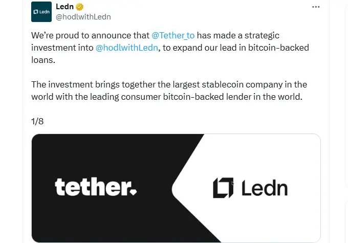 Tether Partners With Ledn to Accelerate Bitcoin Loan Growth (Source: X)