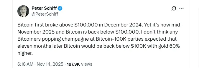 Peter Schiff's Views on Gold’s 60% Surge in a Year (Source: X)