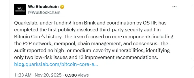 Bitcoin Core Passes First Public Audit With Quarkslab, Brink, and OSTIF (Source: X)
