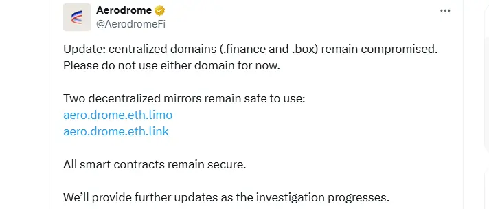 Aerodrome Finance Warns Users After Major Frontend Breach (Source: X)