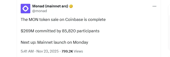 MON Token Sale on Coinbase MON Token Sale on Coinbase (Source: X)