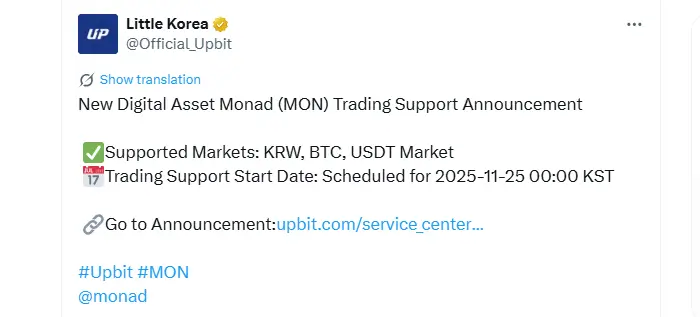 Upbit Adds MON as Korea Sees Rising Demand for Layer-1 Tech Upbit Adds MON as Korea Sees Rising Demand for Layer-1 Tech (Source: X)