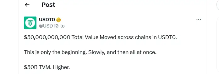 USDT0 Pushes Past $50B as Its Cross-Chain Web Expands (Source: X)