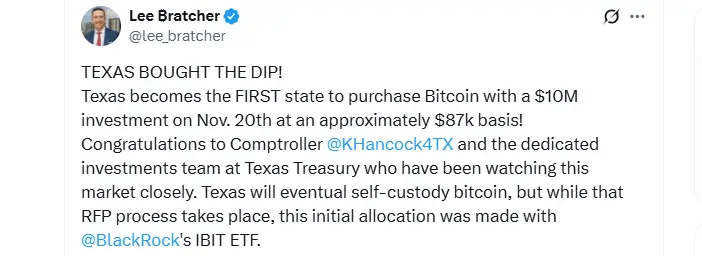 Texas Deploys $5M Bitcoin ETF (Source: X)