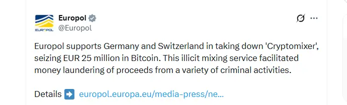 Germany, Switzerland, and Europe shut down Crypto Mixer in a cross-border operation (Source:x)