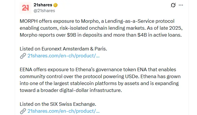 Ethena and Morpho ETPs Broaden Path Into DeFi Markets (Source: X)
