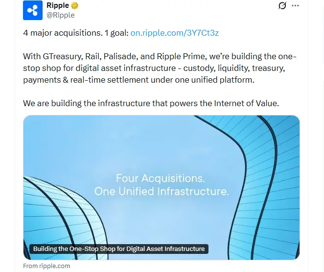 Ripple Unifies Digital Asset Custody and Real-Time Settlement (Source: X)