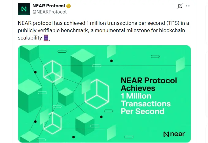 NEAR Hits 1M TPS in Public Sharded Benchmark Trial NEAR Hits 1M TPS in Public Sharded Benchmark Trial (Source: X)