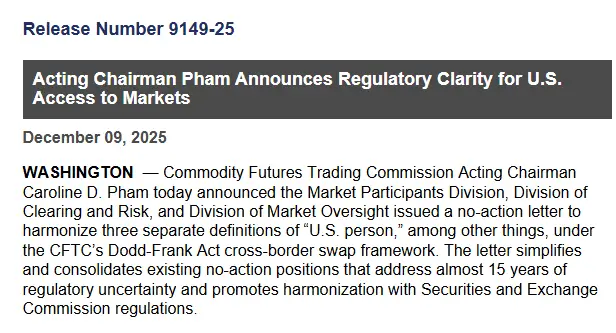 CFTC Issues No-Action Letter Clarifying U.S. Person Definition (Source: CFTC)