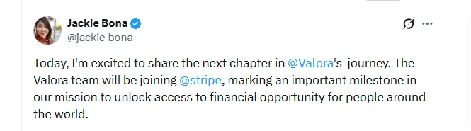 Stripe Acquires Valora Team Stripe Acquires Valora Team (Source: X)