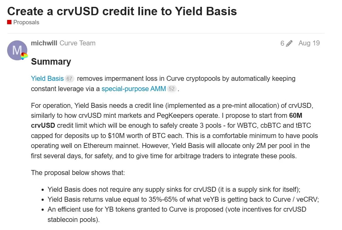 Curve proposal to create a crvUSD credit line to Yield Basis Curve proposal to create a crvUSD credit line to Yield Basis (Source: Curve Finance)