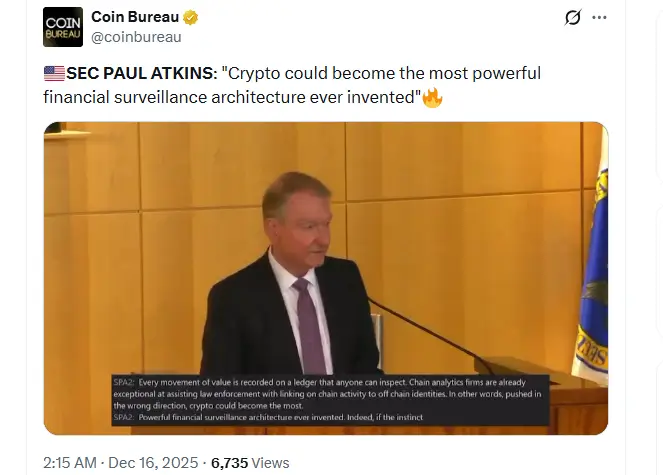 SEC Chair Flags Crypto Risk of Financial Surveillance SEC Chair Flags Crypto Risk of Financial Surveillance (Source: X)