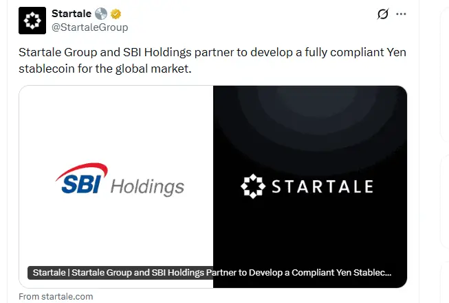 Startale, SBI Team Up to Launch Regulated Yen Stablecoin Startale, SBI Team Up to Launch Regulated Yen Stablecoin (Source: X)