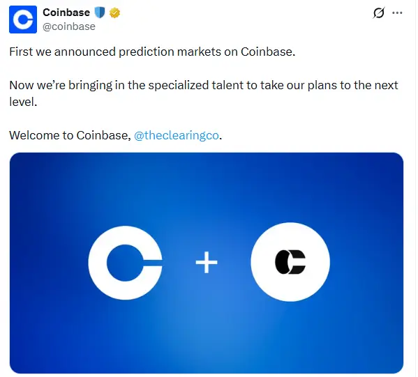 Coinbase Advances Prediction Markets With Clearing Co. Deal Coinbase Advances Prediction Markets With Clearing Co. Deal (Source: X)