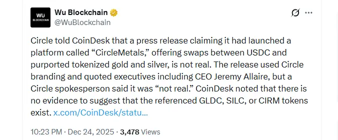 Circle Denies Tokenized Swaps (Source: X)