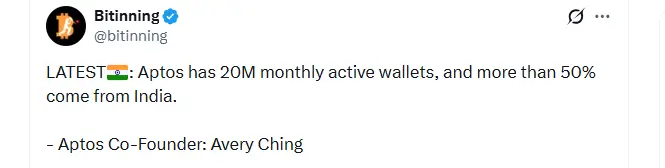 Aptos Sees 20M Monthly Addresses as India Leads Usage Aptos Sees 20M Monthly Addresses as India Leads Usage (Source: X)