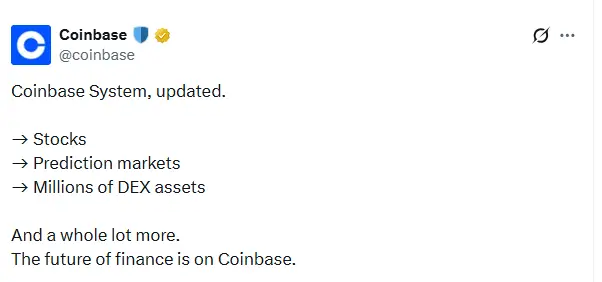 Coinbase’s ‘Everything Exchange’ Vision Takes Shape Coinbase’s ‘Everything Exchange’ Vision Takes Shape (Source: X)