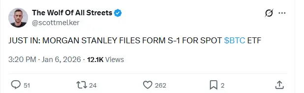 Morgan Stanley Files S-1 for Bitcoin, Solana ETFs With SEC Morgan Stanley Files S-1 for Bitcoin, Solana ETFs With SEC (Source: X)