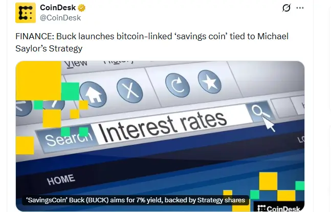 Buck Rolls Bitcoin-Backed Savings Coin Modeled on Strategy Buck Rolls Bitcoin-Backed Savings Coin Modeled on Strategy (Source: X)