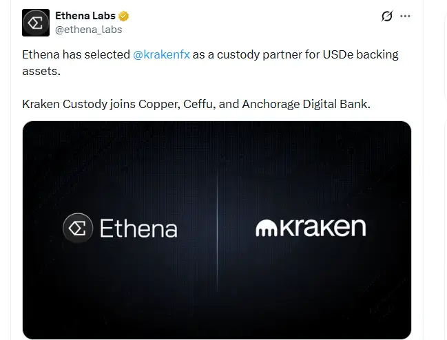 Ethena Taps Kraken to Strengthen USDe Stablecoin Backing Ethena Taps Kraken to Strengthen USDe Stablecoin Backing (Source: X)