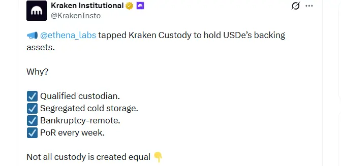 Kraken Custody Aligns With Safeguarding Assets Under USDe Requirements Kraken Custody Aligns With Safeguarding Assets Under USDe Requirements (Source: X)