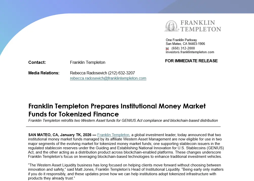 Franklin Templeton Prepares Money Market Fund Tokenization Franklin Templeton Prepares Money Market Fund Tokenization (Source: Franklin Templeton)