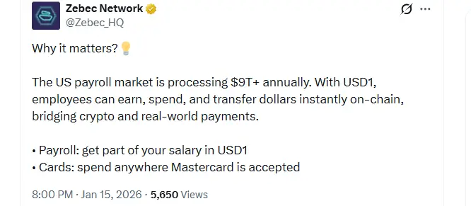 USD1 Enables Instant On-Chain Payroll and Card Payments USD1 Enables Instant On-Chain Payroll and Card Payments (Source: X)