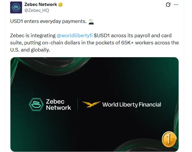 Zebec Expands USD1 Daily Payroll to 65K+ Global Workers (Source: X)