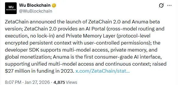 ZetaChain 2.0 Debuts With AI Portal and Private Memory Layer ZetaChain 2.0 Debuts With AI Portal and Private Memory Layer (Source: X)