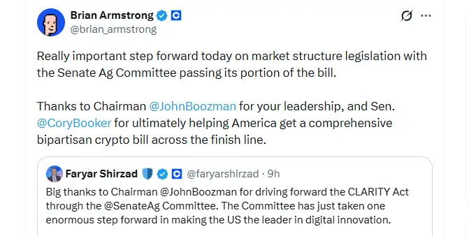 Coinbase CEO on Senate’s Crypto Bill Advance Coinbase CEO on Senate’s Crypto Bill Advance (Source: X)