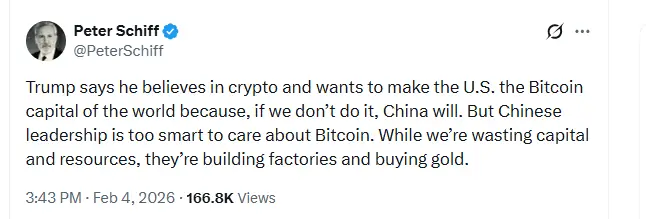 Economist Peter Schiff Compares U.S.-China Bitcoin Accumulation Economist Peter Schiff Compares U.S.-China Bitcoin Accumulation (Source: X)