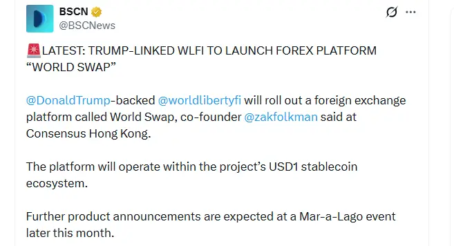 Trump-Linked WLFI Co-Founder Teases World Swap Forex Launch Trump-Linked WLFI Co-Founder Teases World Swap Forex Launch (Source: X)