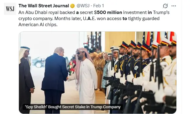 Trump-Linked WLFI Accused of Secret $500M Investment Sale to Spy Sheikh Trump-Linked WLFI Accused of Secret $500M Investment Sale to Spy Sheikh (Source: X)