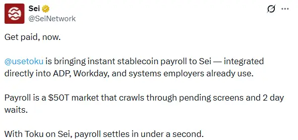 Toku Targets $50T Payroll With Sei Stablecoin Rails Push Bid Toku Targets $50T Payroll With Sei Stablecoin Rails Push Bid (Source: X)