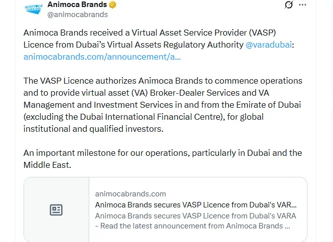 Animoca Brands Gets Dubai VARA VASP License Animoca Brands Gets Dubai VARA VASP License (Source: X)